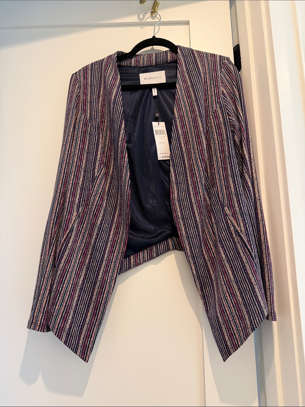 BCBGeneration Navy Multicolor Striped Open-Front Blazer